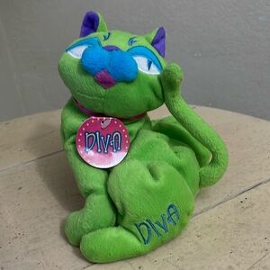 NWT Floppy Friends Green Diva Cool Cat Beanie Plush w/Tags 2000 kitty kitten Toy